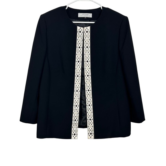 Tahari Arthur S. Levine Jackets & Blazers - Tahari Blazer Women 14 Black Beaded Pearl Trim Collarless Open Front Jacket